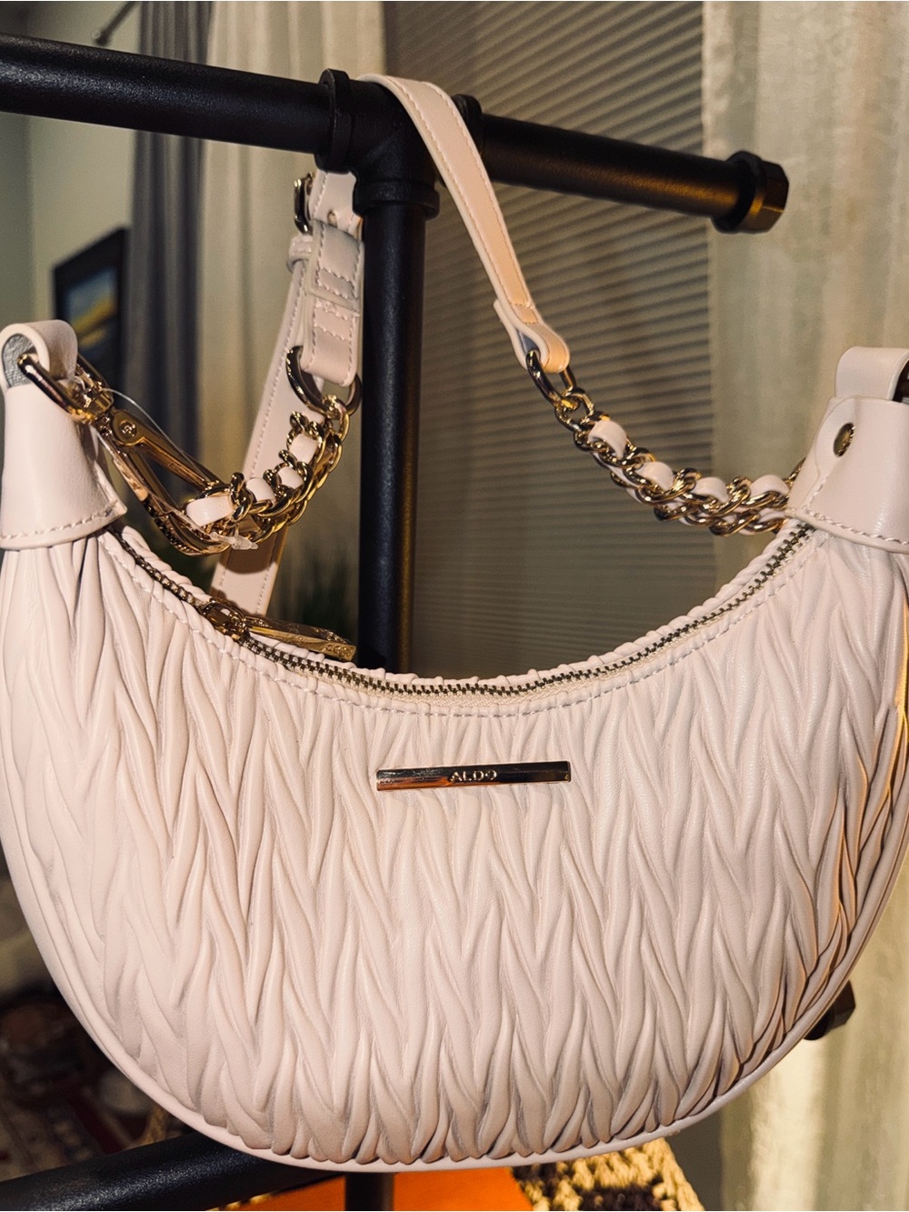 ALDO Torsa Ruched Shoulder Crossbody Bag Ivory Gold Chain NWT